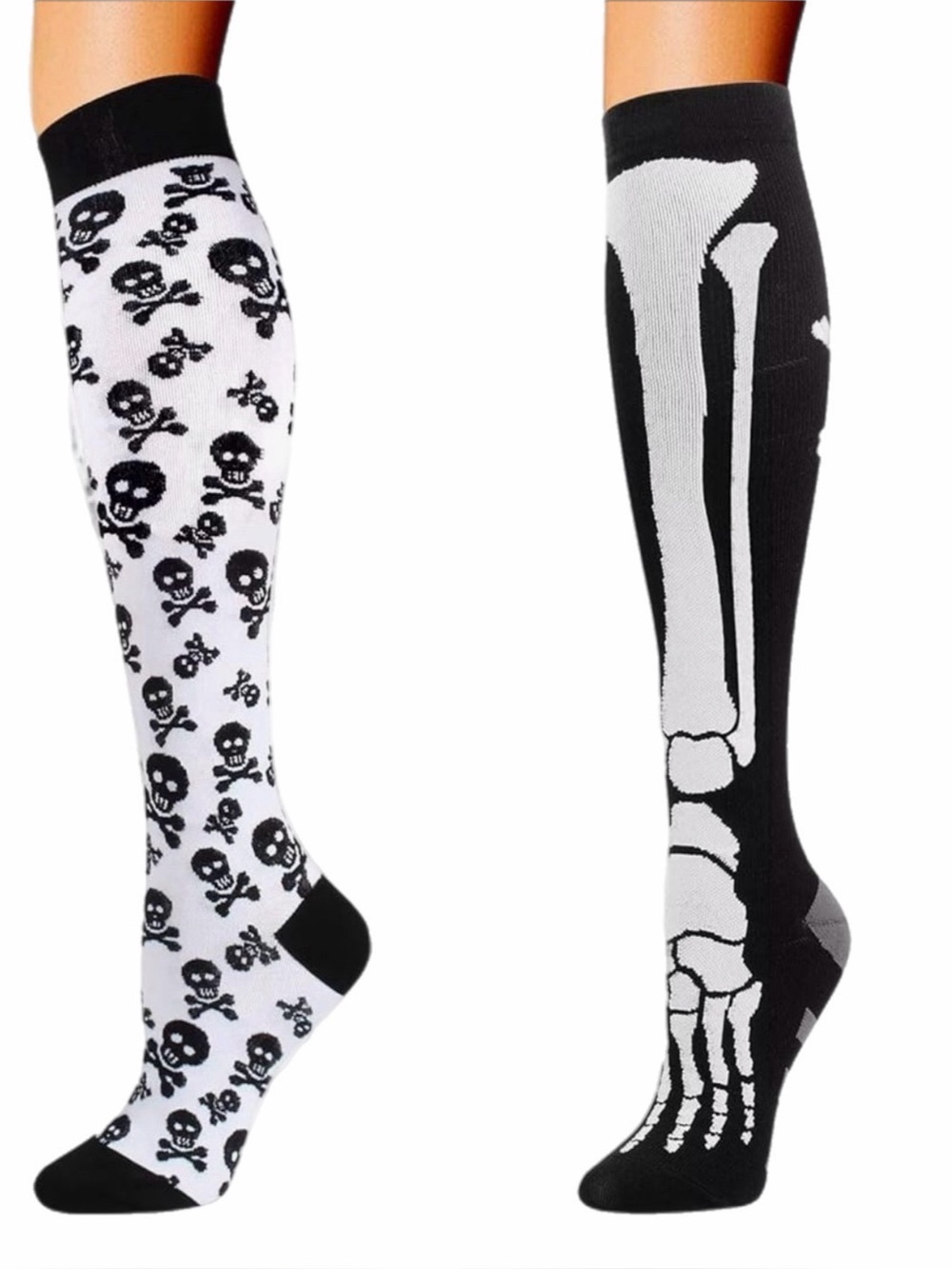 L/XL Black and White Crew Compression Socks - Skull Pattern